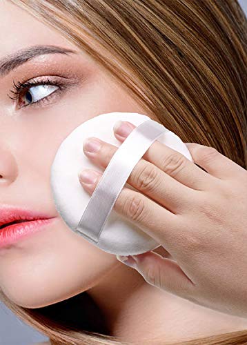 Shapenty 4PCS Soft Large Round Loose Powder Puff Pad Washable Velour Smooth Bath Body Powder Puff With Ribbon Band Handle for Women Men Face Neck Makeup (4Inch, White)