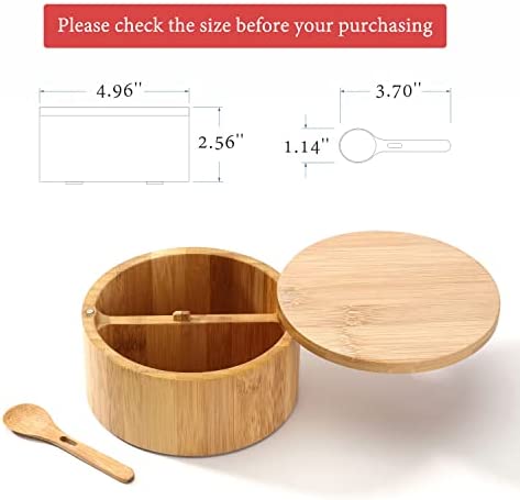 KITCHENDAO Bamboo Salt and Pepper Bowl Box Cellar Container Divided, Built-in Serving Spoon to Avoid Dust, Swivel Lid to Keep Dry, Sea Salt Spice Seasoning Keeper Holder, Dual 7 Ounce Capacity