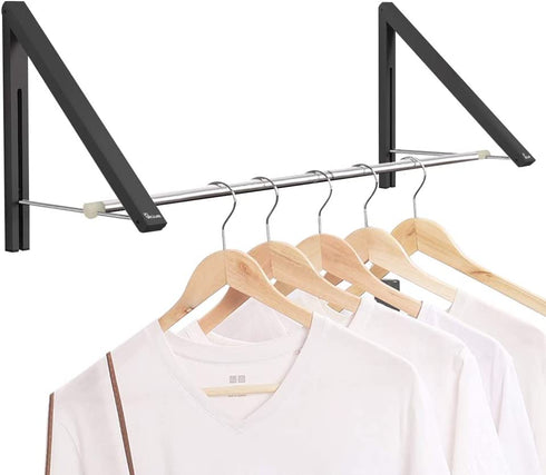 Anjuer Retractable Clothes Rack - Wall Mounted Folding Clothes Hanger Drying Rack for Laundry Room Closet Storage Organization, Aluminum, 2 Racks with Rod (Black)