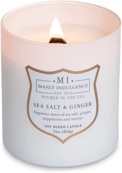 Manly Indulgence Sea Salt & Ginger Scented Jar Candle, Signature Collection, Soy Wax Blend, Wooden Wick, 15oz, White