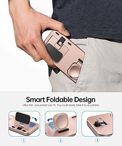 LERCIOR Portable 3 in 1 Charging Station for Apple Devices Foldable Charger Station for Apple Watch 7/6/SE/5/4/3/2/1 Charger Stand, Charging Dock Station for iPhone AirPods Pro 3/2/1 Rose Gold