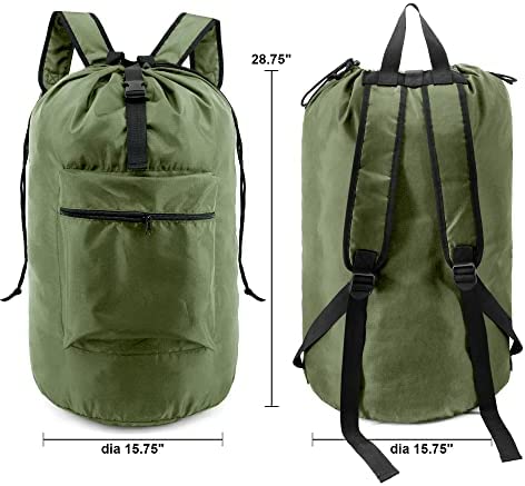 BeeGreen Moss Green Laundry Backpack Bag w Adjustable Shoulder Straps String Closure College Dorm Room Essentials Sturdy Laundry Hamper Portable w Handle XLarge Ripstop for Traveling
