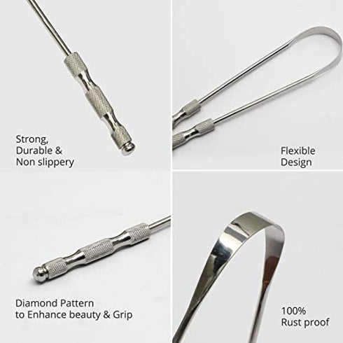 AVOOLI Metal Tongue Scraper with Case, Pack of 2 - Stainless Steel Tounge Scraper Cleaner for Bad Breath Remover, Tongue Cleaner for Adults, Metal Tounge Scrappers, Oral Hygiene Toungescrapper Kit