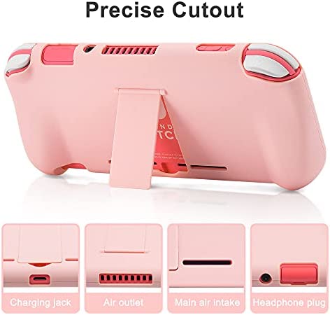 BRHE Pink Travel Carrying Case Accessories Kit for Switch Lite, Hard Protective Cover Skin Shell with Stand, Glass Screen Protector, Thumb Grip Caps 9 in 1