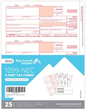 Blue Summit Supplies 1099 NEC Tax Forms 2022 with 25 Self Seal Envelopes, 25 4 Part Tax Forms Kit, Compatible with QuickBooks and Accounting Software