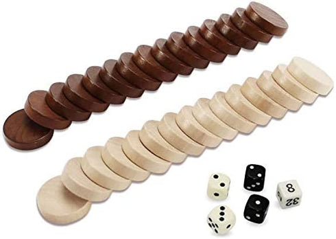 ASNEY Wooden Backgammon Pieces, Solid Wood Checker Pieces Set Board Game Table Chips and 5 Dices, Includes Storage Bag (1.34")