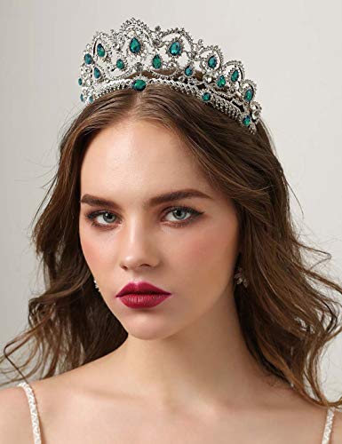 SWEETV Vintage Crystal Wedding Crown for Women, Green Rhinestone Queen Tiara Bridal Hair Accessories, Emerald