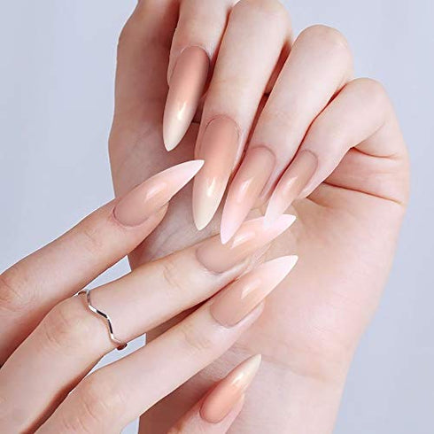 Allstarry 120pcs Extra Long Ombre French Fake Nail Natural Nude Stiletto Press on Nails Full Cover Artificial Wedding Party Manicure Nail Tips for Women and Girls
