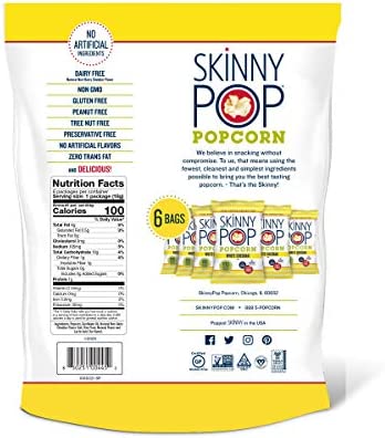 SkinnyPop Popcorn, Gluten Free, Non-GMO, Healthy Snacks, Skinny Pop Dairy Free White Cheddar Popcorn Snack Packs, 0.65 Oz Individual Size Snack Bags (6 Count)