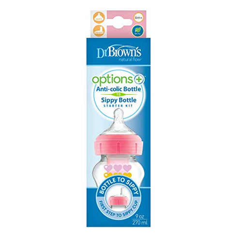 Dr. Brown’s Natural Flow® Anti-Colic Options+™ Wide-Neck Sippy Bottle Starter Kit, 9oz/270mL, with Level 3 Medium-Fast Flow Nipple and 100% Silicone Soft Sippy Spout, Pink, 6m+