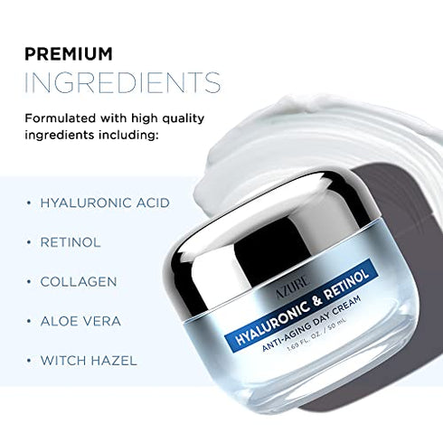 AZURE Hyaluronic Acid & Retinol Anti Aging Day Cream - Rejuvenating & Hydrating Face Moisturizer - Reduces Wrinkles & Fine Lines - Evens Skin Tones & Dark Spots - Skin Care Made in Korea - 50mL / 1.69 fl.oz.