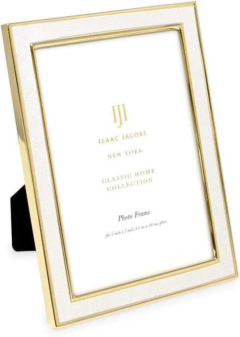 Isaac Jacobs 5x7 White Textured Leather (Vertical & Horizontal) & Gold Metal Picture Frame, with Black Fabric Easel, Wall-Mountable, Made for Tabletop, Wall-Hanging, Home or Office (5x7, White W/ Gold)