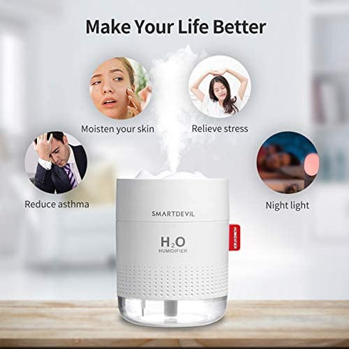 SmartDevil Small Humidifiers, 500ml Desk Humidifiers, Whisper-Quiet Operation, Night Light Function, Two Spray Modes,Auto Shut-Off for Bedroom, Babies Room, Office, Home (White)