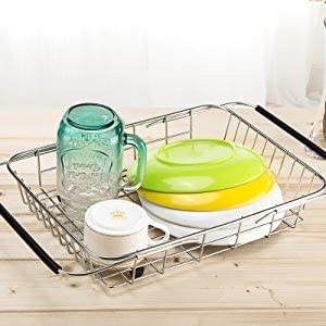 SANNO Large Expandable Dish Drying Rack with Utensil Cutlery Holder Sink Dish Rack, Deep Large Dish Drainer Dish Rack in Sink On Counter, Stainless Steel