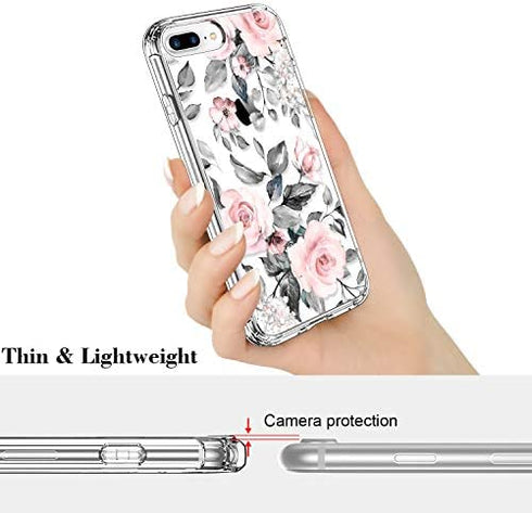 ICEDIO iPhone 8 Plus Case,iPhone 7 Plus Case with Screen Protector,Floral Designs for Girls Women,Shockproof Protective Phone Case for iPhone 8 Plus/7 Plus Pink Flowers Grey Leaves