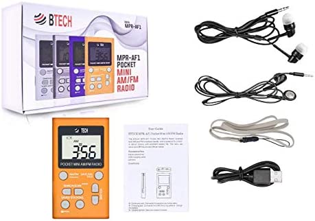 BTECH MPR-AF1 AM FM Personal Radio with Two Types of Stereo Headphones, Clock, Great Reception and Long Battery Life, Mini Pocket Walkman Radio with Headphones (Orange)