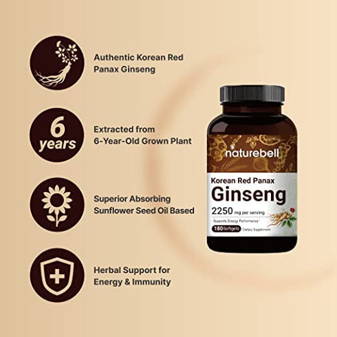 Korean Red Ginseng Extract (Panax Ginseng Root), 2250mg Per Serving, 180 Liquid Softgels, Most Active Ginsenosides Content, Strongly Support Energy Performance and Immune System, No GMOs