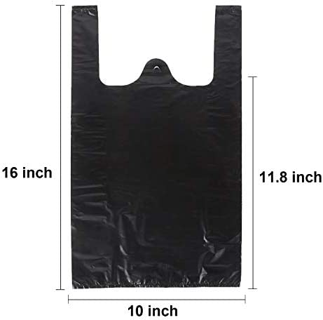 LazyMe Plastic Grocery Bags with Handles Small Size Merchandise Bags Shopping Bags in Bulk Pet Poop Bags, 10 x 16 Inches (Black 100 Pcs)