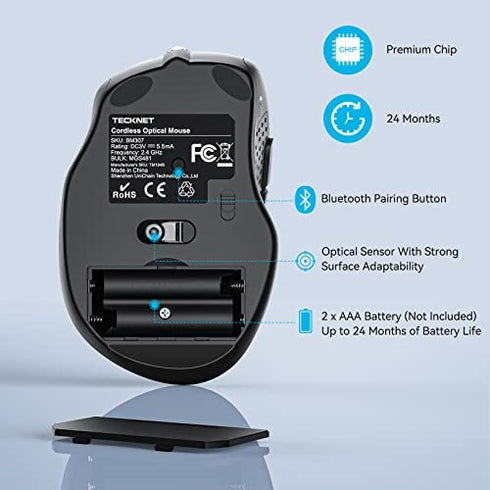 TECKNET Bluetooth Wireless Mouse, Computer Mouse with 6 Buttons, 5 Adjustable DPI Levels, 24 Month Battery Life, Ergonomic Cordless Mouse for Laptop, Computer, Mac,PC, Windows, Chromebook, Notebook