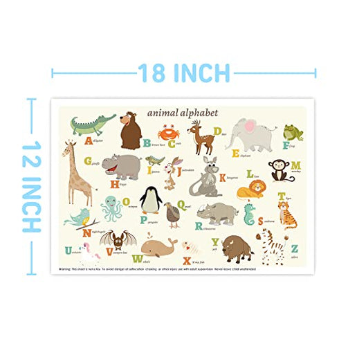 Disposable Stick-on Placemats 40 Pack for Baby & Kids, Restaurant Table Mats 12" x 18" Sticky Place Mats, Toddler Baby Placemat, Animal Alphabet Theme