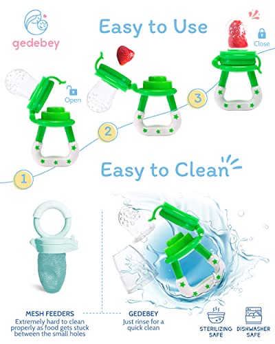 Gedebey Fruit Feeder Pacifier for Babies - 3 Pack | 2 Baby Food Teether Feeder & 1 Baby Spoon Bottle Feeder | Silicone Teether Feeder | Silicone Baby Feeding Spoon | Baby Fruit Pacifier Feeder (Green)