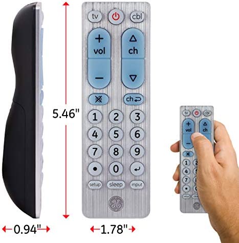 GE Big Button Universal Remote Control for Samsung, Vizio, Lg, Sony, Sharp, Roku, Apple TV, TCL, Panasonic, Smart TVs, Streaming Players, Blu-Ray, DVD, 2-Device, Silver, 33701