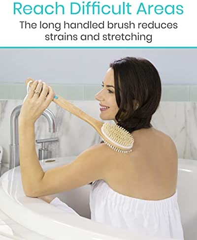 Vive Shower Brush - Dry Skin Body Exfoliator - Shower and Bath Scrubber for Wash Brushing, Exfoliating, Cellulite, Foot Scrub, Leg Exfoliant - Soft and Stiff Massage Bristles - Wooden Long Handle