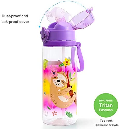 Cute Water Bottle for School Kids Girls Boys, Soft Silicone Straw & BPA FREE Tritan & Leak Proof One Click Open Flip Top & Easy Clean & Soft Carry Loop, 24oz / 700ml - Sloth