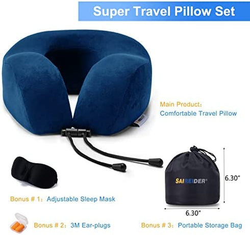 SAIREIDER Travel Pillow 100% Memory Foam Airplanes Neck Pillows -Prevent The Heads from Falling Forward Travel Neck Pillows with Sleep Mask and Earplugs (Navy Blue)