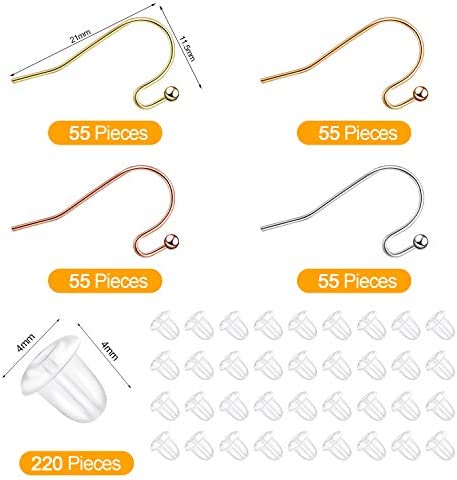 220 Pieces French Earring Hooks Ear Wire Ball Dots in Silver with 220 Pieces Clear Earring Backs Kit for Jewelry Making Bag Gift (Gold,Sliver,Rose Gold,Bronze)