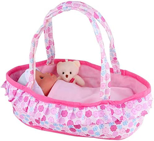Baby Doll Cradle Bassinet Portable Doll Carrier Carry Bag,Soft Pillow Quilt Plush Bear Doll Clothes Outfits Included,for 9-10-11-12 Inch Alive Baby Doll Reborn Newborn Baby Doll Accessories Gift-wrap