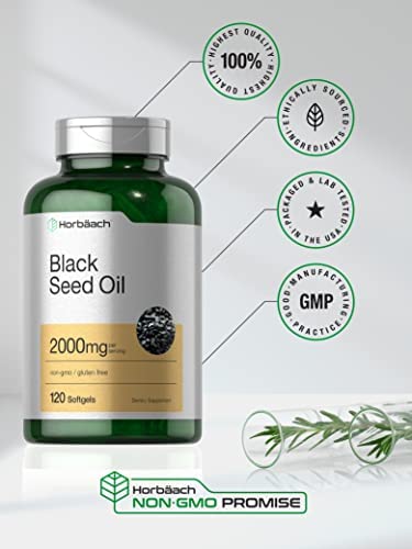 Black Seed Oil 2000mg | 120 Softgel Capsules | Cold Pressed Nigella Sativa Pills | Non-GMO, Gluten Free | by Horbaach