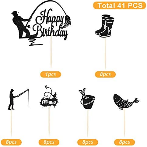 41 Pieces Gone Fishing Cupcake Topper Happy Birthday Cake Topper Fisherman Cake Decoration Fish Topper Picks Glitter for Men Boy Birthday Fishing Theme Party Supplies (Black)