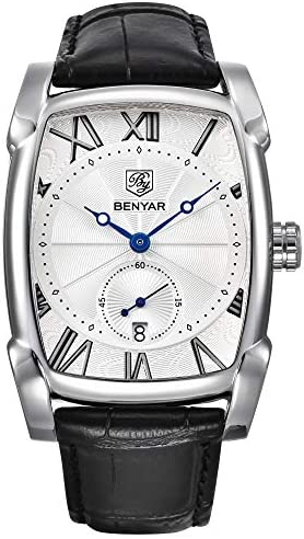 BENYAR Watch for Men Date Week Moon Phases Square 3ATM Waterproof Black Brown Blue Leather Strap Fashion Casual Classic Retro Rectangle Men's Wrist Watches Perfect Gifts for Friend