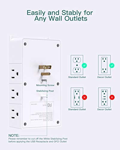Multi Plug Outlet - Addtam Surge Protector Wall Mount with 12 Outlet Extender- 3 Sides and 3 USB Ports (1 USB-C), Outlet Splitter Power Strip for Home, Office, Hotel, White