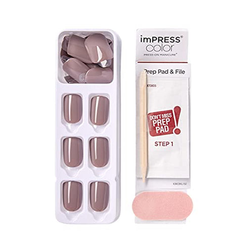 KISS imPRESS Color Press-On Nails, Gel Nail Kit, PureFit Technology, Short Length, “Taupe Prize”, Polish-Free Solid Color Manicure, Includes Prep Pad, Mini Nail File, Cuticle Stick, and 30 Fake Nails