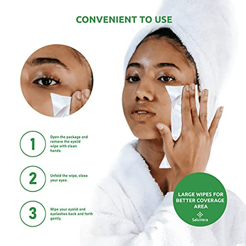 SaluVera Eyelid Wipes with Tea Tree Oil and Aloe Vera | Eye Cleansing Wipes for Dry and Itchy Eyes Relief | Natural Ingredients Eyelid Scrub for Daily Usage - Pack of 30