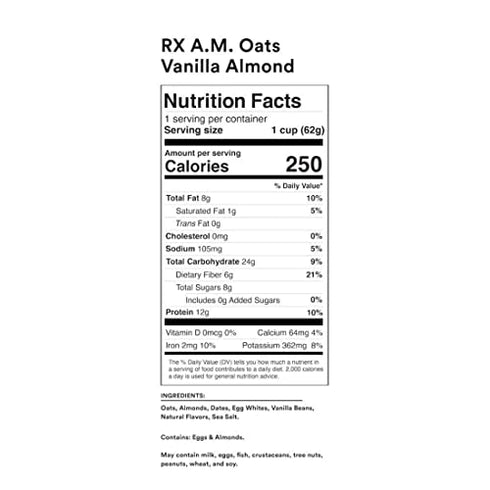 RX A.M. Oats Oat Cup, Vanilla Almond, 12g Protein, 2.18oz Cup (1 Count)
