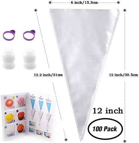 GEMLON Disposable Icing Piping Bags and Tips Set, 100Pcs 12 Inch Clear Plastic Pastry Bags Icing Piping Bags, Cookies&Cupcake&Cake Decorating Tool Supplies with Frosting Bags&6 Tips&2 Couplers&2 Ties