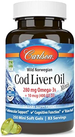 Carlson - Cod Liver Oil Minis, 280 mg Omega-3s + Vitamins A & D3, Heart Support & Cognitive Function, Vision Health, 250 Mini Soft Gels
