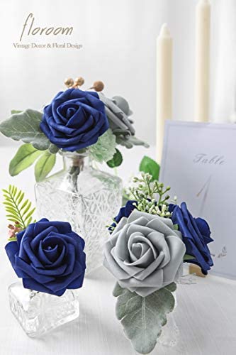 floroom Artificial Flowers 25pcs Real Looking Silver Grey Foam Fake Roses with Stems for DIY Wedding Bouquets Bridal Shower Centerpieces Floral Arrangements Party Tables Home Decorations