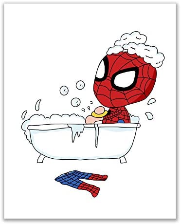 Spiderman Bathroom Prints - Set of 4 (8 inches x 10 inches) Wall Art Decor