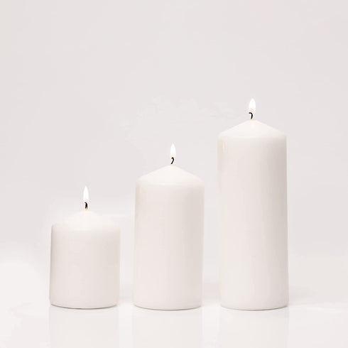 Cone Top Pillar Candles by Bask - Set of 3 - 3" x 4", 6", and 8" Dripless Unscented Candles in White for Home Decor, Relaxation & All Occasions