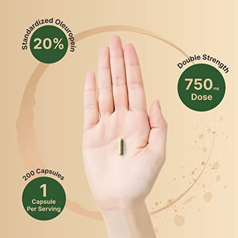 Olive Leaf Extract, 750mg Per Serving, Maximum Strength 20% Oleuropein, 200 Counts (200 Days Supply), Made with Olive Leaf for Immune and Internal Circulation Health Support, Non-GMO