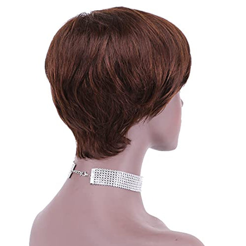 REYNA Short Straight Brown 100% Virgin Brazlian Bob Pixie Cut Wavy Non Lace Human Hair Wig with Bangs for Black Women(4#)