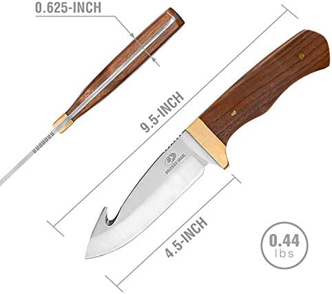 Mossy Oak Fixed Blade Gut Hook Knife, 9.5-inch Full Tang Field Processing Knife - Wooden Handle, Leather Sheath Included, for Skinning, Hunting, Outdoors
