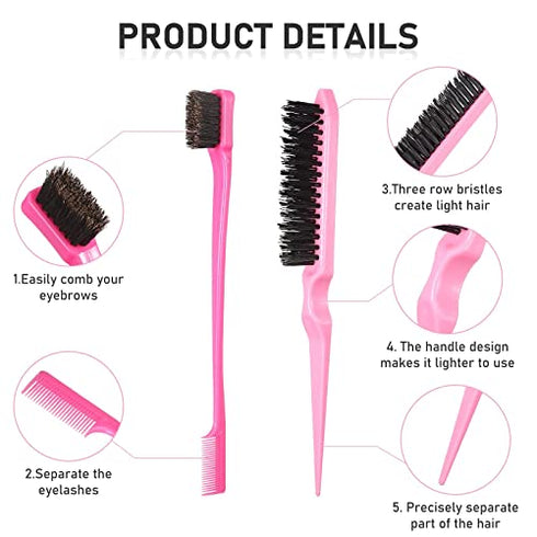 12 Pieces Hair Brush Set, Nylon Teasing Hair Brushes 3 Row Salon Teasing Brush, Double Sided Hair Edge Brush Smooth Comb Grooming, Rat Tail Combs with Duckbill Clips for Women Girls (Pink)1