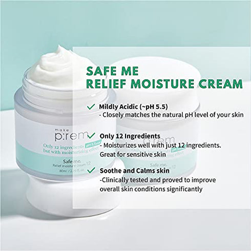 MAKEPREM Safe Me. Relief Moisture Cream for Dry Sensitive Skin - Moisturizer Night Cream - Hydrating & Nourishing, Reduce Redness, Acne & s with Hypoallergenic VEGAN EWG Verified (2.70 Fl Oz with Minis)