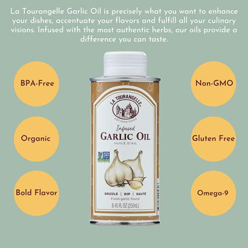 La Tourangelle, Garlic Infused Sunflower Oil, High Oleic Oil for Cooking Pastas, Salad Dressings, Drizzle on Popcorn, Irresistible Aroma and Flavor, 8.45 fl oz