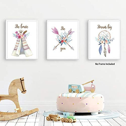 KAIRNE Girls Boho Tribal Art Print,Dreamcatcher Feathers Flowers With Inspirational Quote Wall Poster Picture,Set Of 6(8X10“ Unframed) Watercolor Positive Affirmation Words Bohemian Canvas Poster